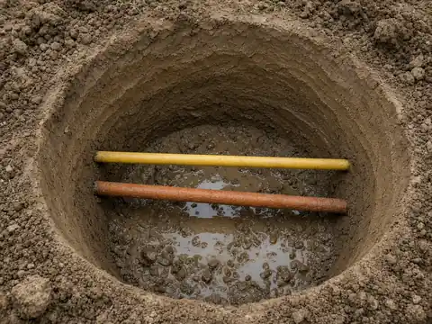 Hydro-excavated pothole exposing a yellow gas line and an orange conduit