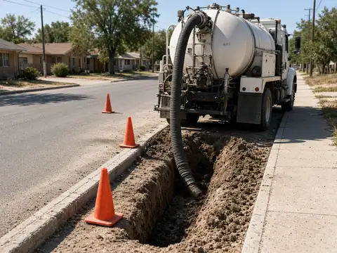 Hydrovac truck digging a narrow trench beside a city street curb