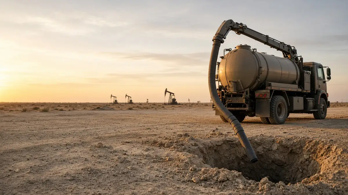 Hydro excavation vacuum truck working near oilfield pump jacks in West Texas
